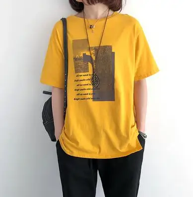 Женская летняя футболка большого размера с коротким рукавом в Корейском стиле, новинка, женские хлопковые Свободные повседневные топы с принтом - Цвет: Цвет: желтый