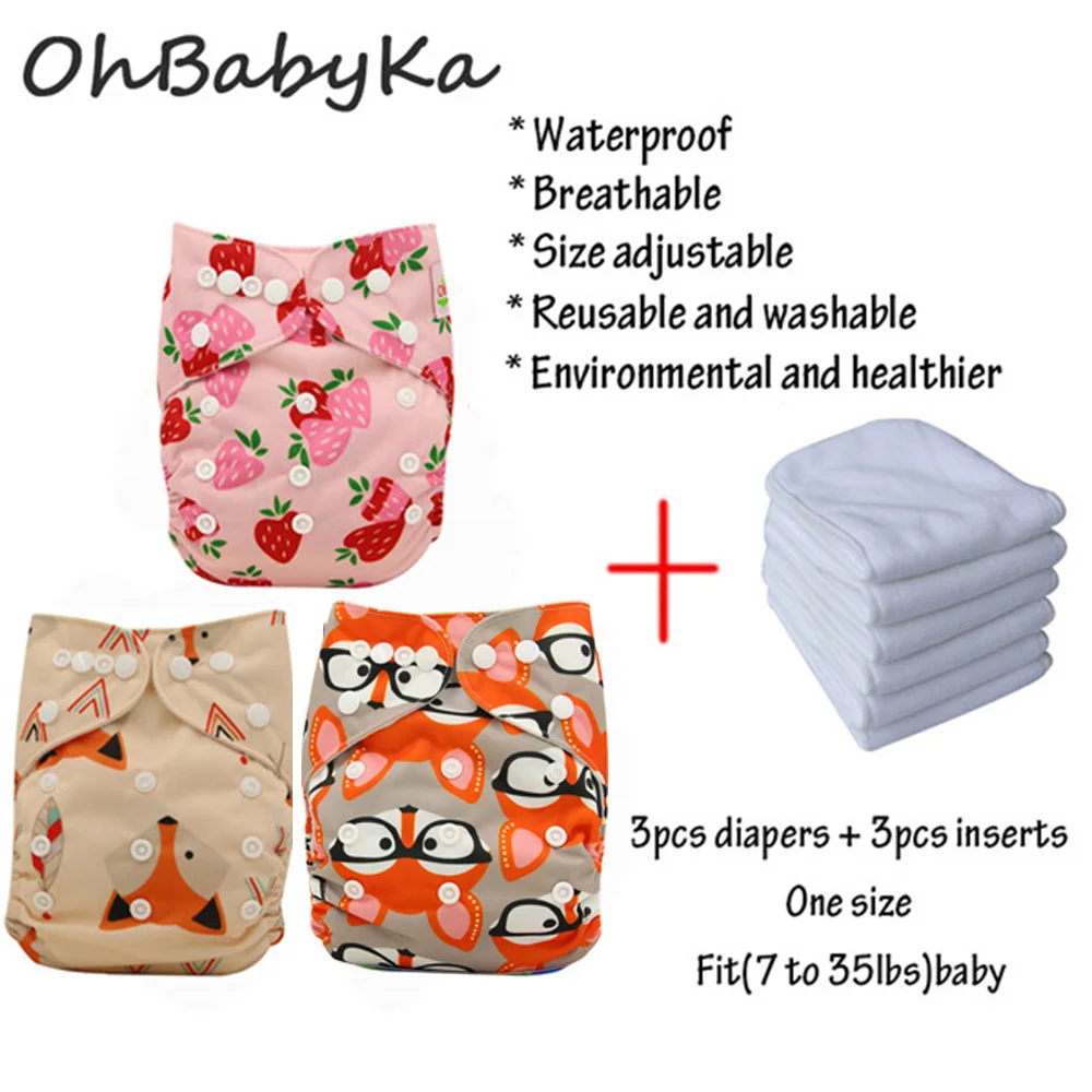 Ohbabyka Многоразовые детские тканевые подгузники водонепроницаемый размер регулируемый уход за ребенком Карманный подгузник 3 шт+ 3 шт микрофибры Моющиеся вставки
