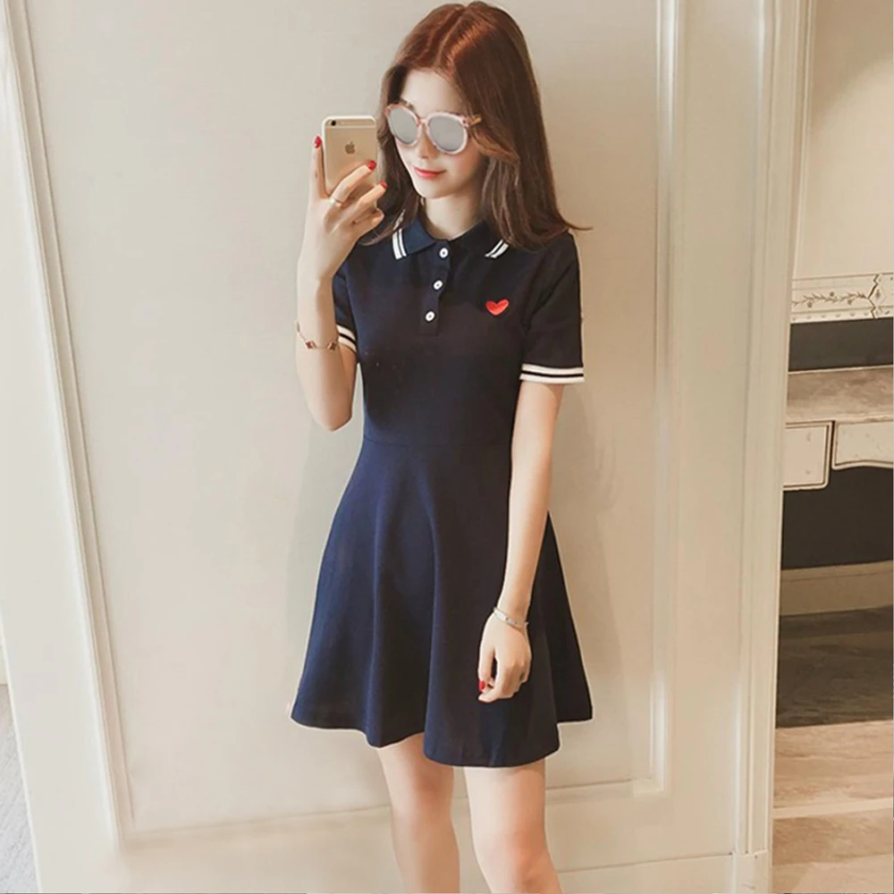 

Harajuku Polo Shirt Mid Dress A-Line Bandage Robe Femme Casual Striped Cotton Vestidos Summer Black Dresses for Women