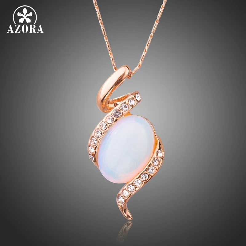 AZORA Luxury Charming Rose Gold Color Snake Shape Crystals Necklace for Women Oval Resin Pendant Necklace Party Jewellery TN0224