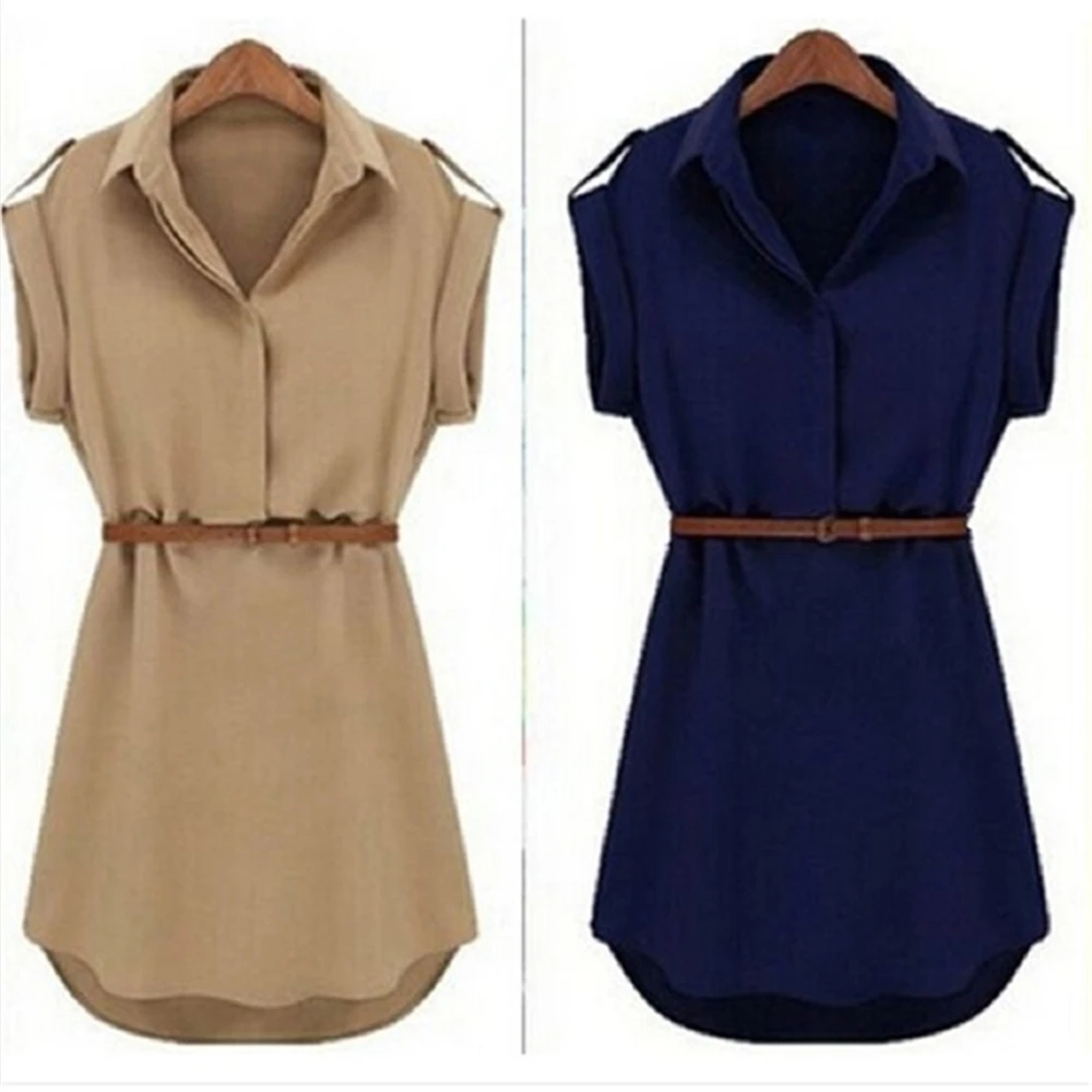 

Fashion Women Dress Elegant Solid Loose Summer Casual Mini Dress for Office Lady Short Sleeve V-Neck Chiffon White Khaki Dresses