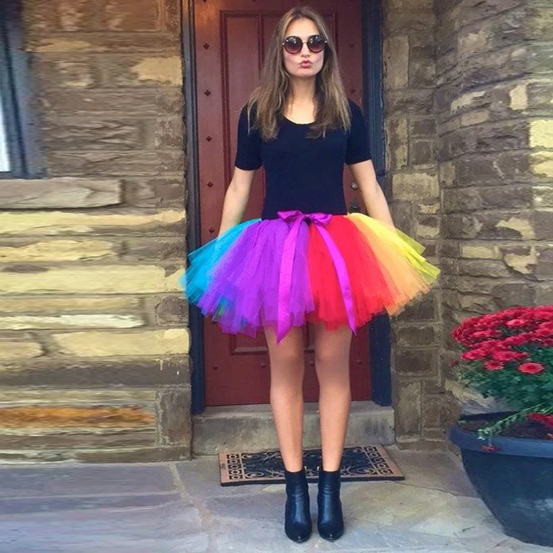 

Halloween Rainbow Mini Tutu Skirts For Yong Lady With Ribbon Sash Elastic Short Lovely Maxi Skirt Tulle Skirts For Women Saias