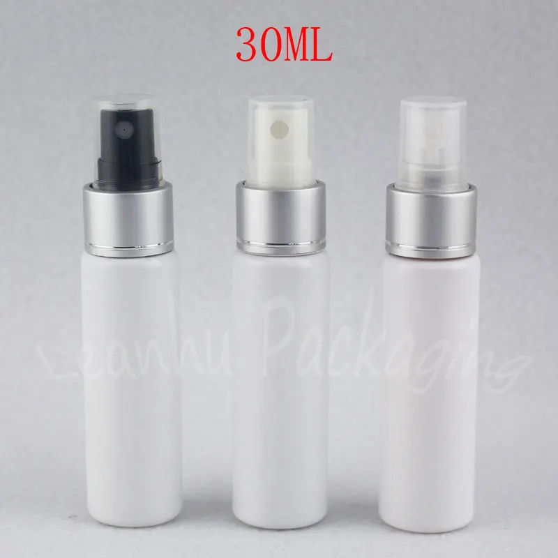 

30ML White Flat Shoulder Plastic Bottle With Silver Spray Pump , 30CC Water / Toner Sub-bottling , Empty Cosmetic Container