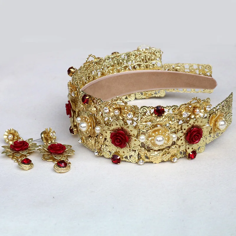 Винтажная золотая металлическая большая корона, красный керамический цветок в стиле барокко, лента для волос на выпускной, жемчужные украшения для волос, свадебная тиара, аксессуары, подарок для W