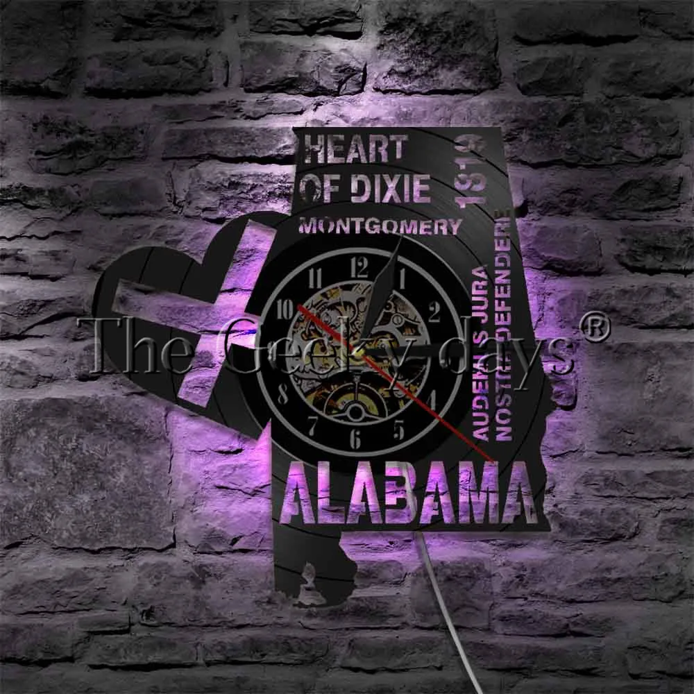 

1Piece Heart Of Dixie Wall Art Of Montgomery Audemus Jura Nostra Defendere Vinyl Record Clock Alabama Led Wall Light