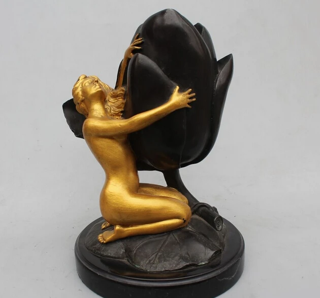 

wholesale factory 12"Western Art Bronze Gild Marble Naked Belle Rose Flower Candlestick candler
