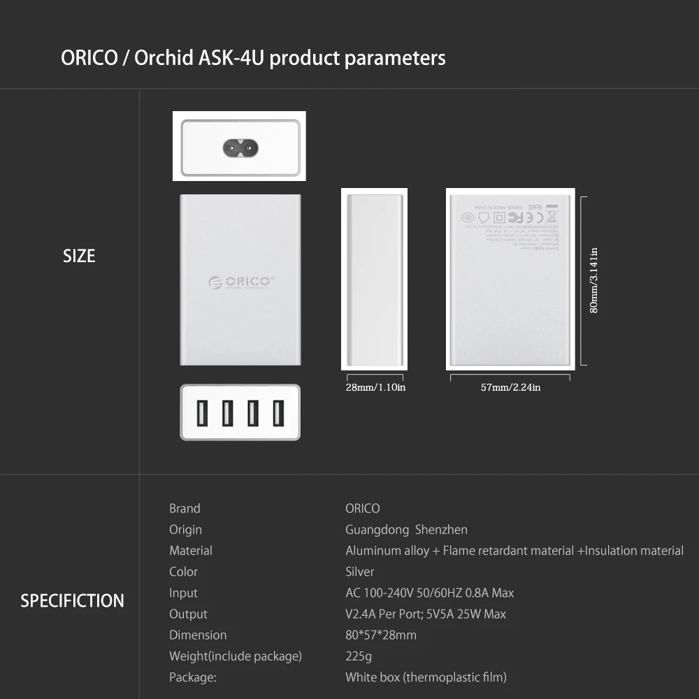 Алюминиевый смарт телефон ORICO зарядное устройство с 4 портами выход 5V6.0A30W для iPhone