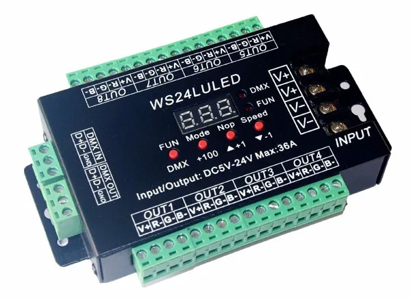 

DC5V-24V Digital display 24CH Easy dmx512 DMX decoder,LED dimmer each channel Max 3A,24CH*1.5A, 24LU led 8 groups RGB controller