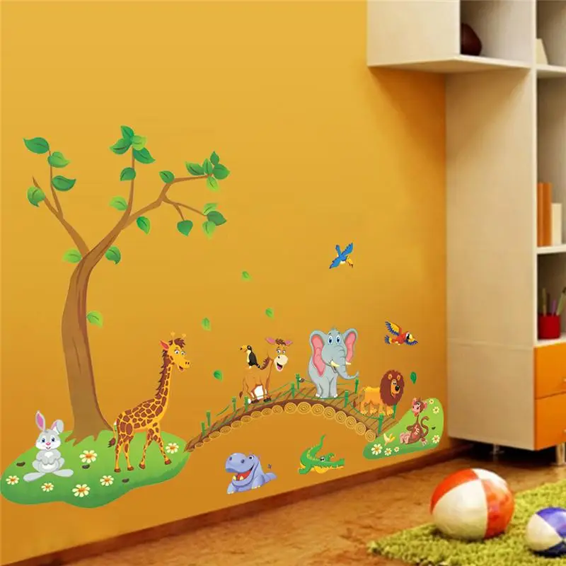 

Lovely Giraffe Elephant Lion Animals Crossing The Bridge Wall Sticker For Kids Room Home Decoration Diy Safari Mural Art Decals