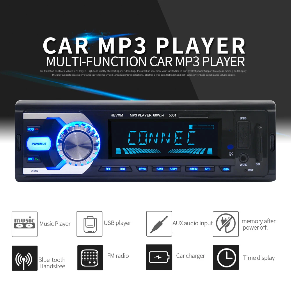 

12V 1 DIN In-Dash Bluetooth 7 Color Light Car Stereo FM Radio MP3 Audio Player Hands-free Calls Aux Input SD USB MP3 MMC for Car