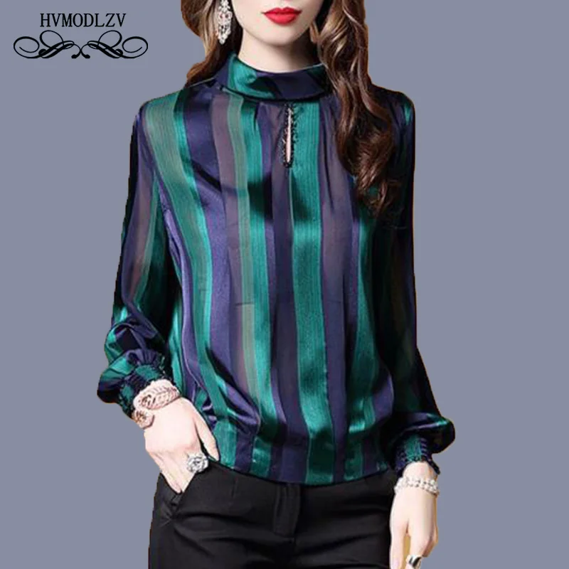 Plus Size Stripe Long Sleeve Shirt Women Fashion silk casual thin blouse female Loose high