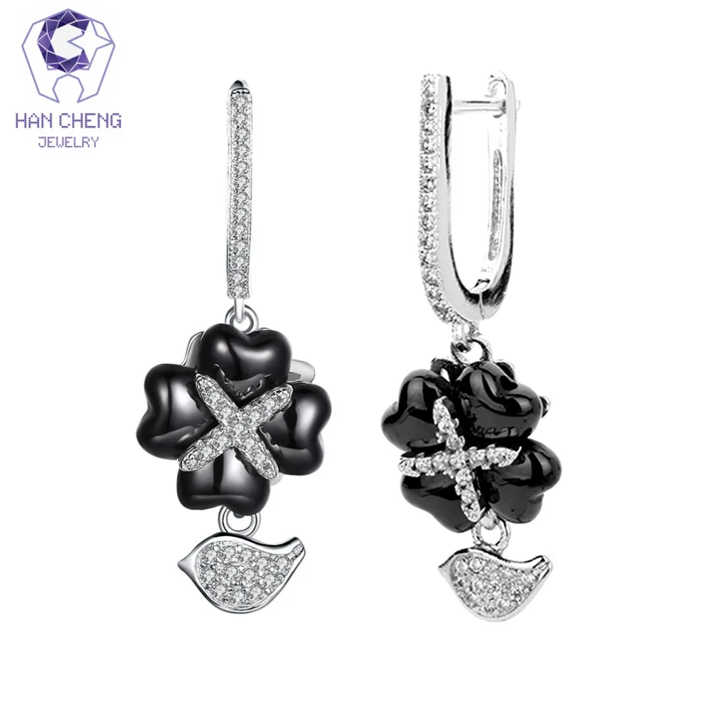 

HanCheng New Luxury Clover Geramic Dangle Hanging AAA Zircon CZ Gem Stone Silver Drop Earrings For Women Jewelry brincos bijoux