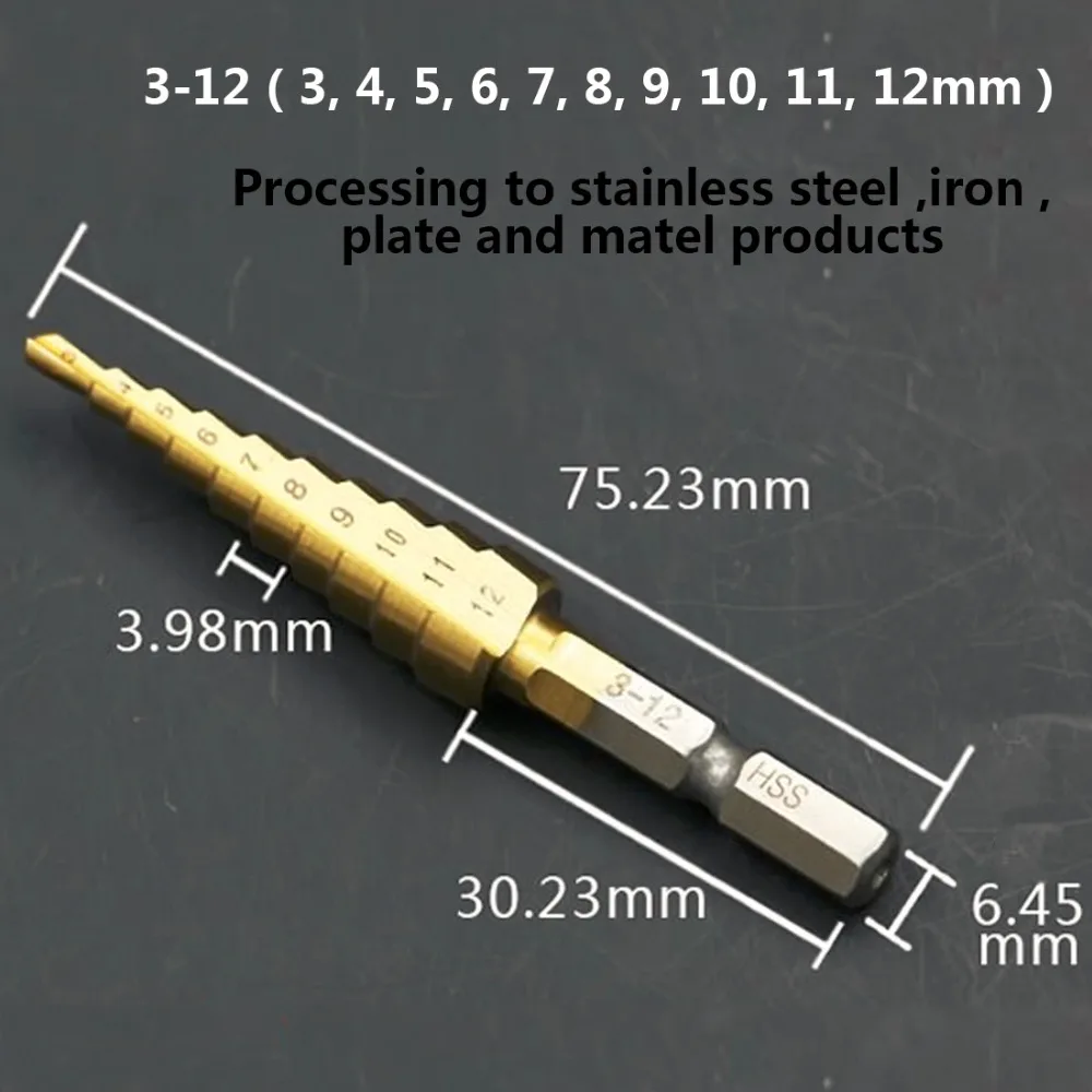 Ступенчатые сверла с титановым покрытием HSS 3-12 мм 1/4 с шестигранной ручкой, твердосплавное сверло, мини-сверло, набор сверл по дереву, PCB, металлу