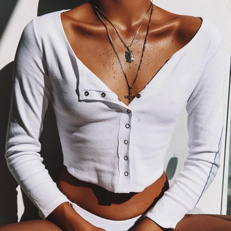 

Long Sleeve Shirt Women Crop Tops Tee O Neck T-shirts Exposed Navel Short Tops Button Casual Shirt Cardigan Basic Tee off white