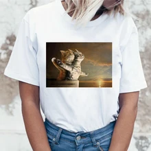 Новая повседневная футболка с коротким рукавом и забавным котом для женщин Harajuku Новая летняя футболка белая футболка с котами Kawaii Модные женские футболки