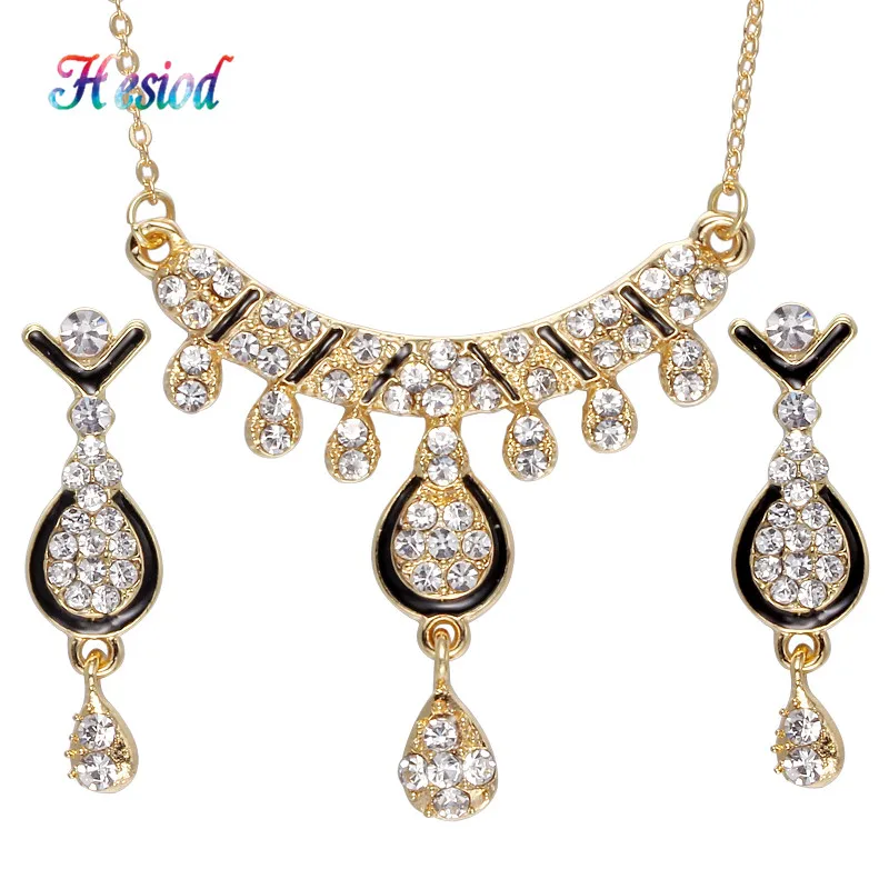 

Hesiod Costume Women Jewelry Sets Full Crystal WaterDrop Pendant Necklaces with Black Enamel Drop Earring Gold Color Jewelry Set