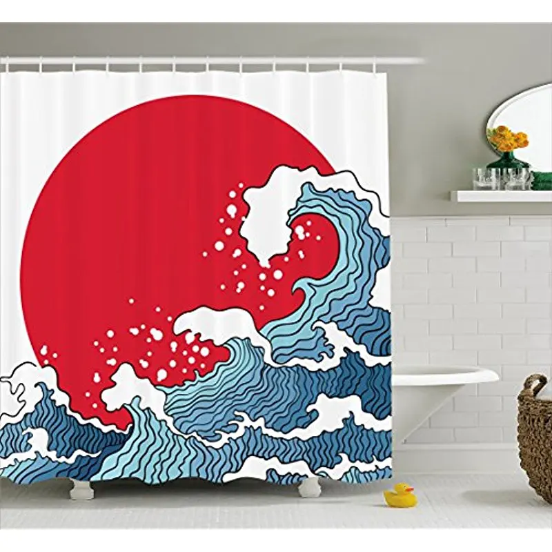 

Vixm Japanese Wave Shower Curtain Big Red Sun Setting Scenery Tropical Nautical Artistic Tsunami Swirls Fabric Bath Curtains