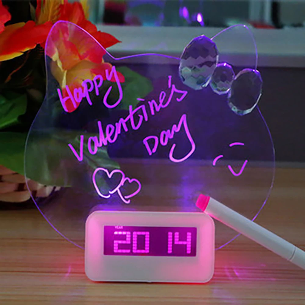 

Digital Alarm Clock LED Fluorescent Message Board Silent Alarm Clock Home Decor Desktop Clock with USB Port Pink Blue M009