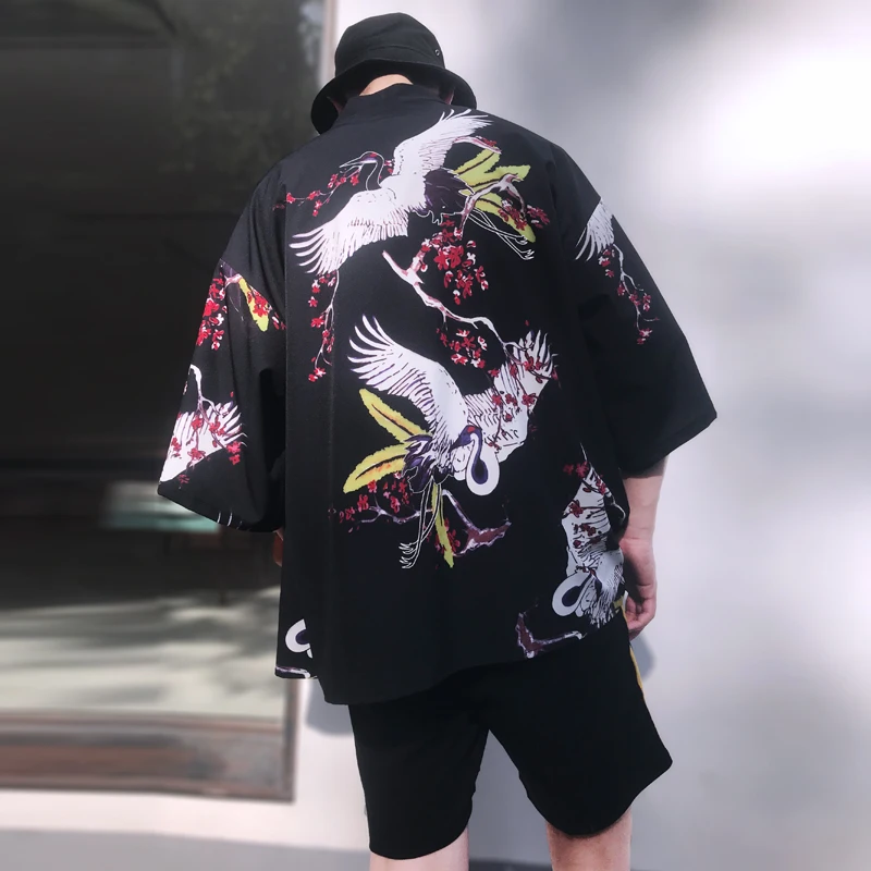 Japanese Style Harajuku Crane Plum Blossom Print Kimono Jackets 2018 Autumn Casual Mens Streetwear Jacket Coat Summer Thin Gown Japanese Style Harajuku Crane Plum Blossom Print Kimono Jackets 2018 Autumn Casual Mens Streetwear Jacket Coat Summer Thin Gown