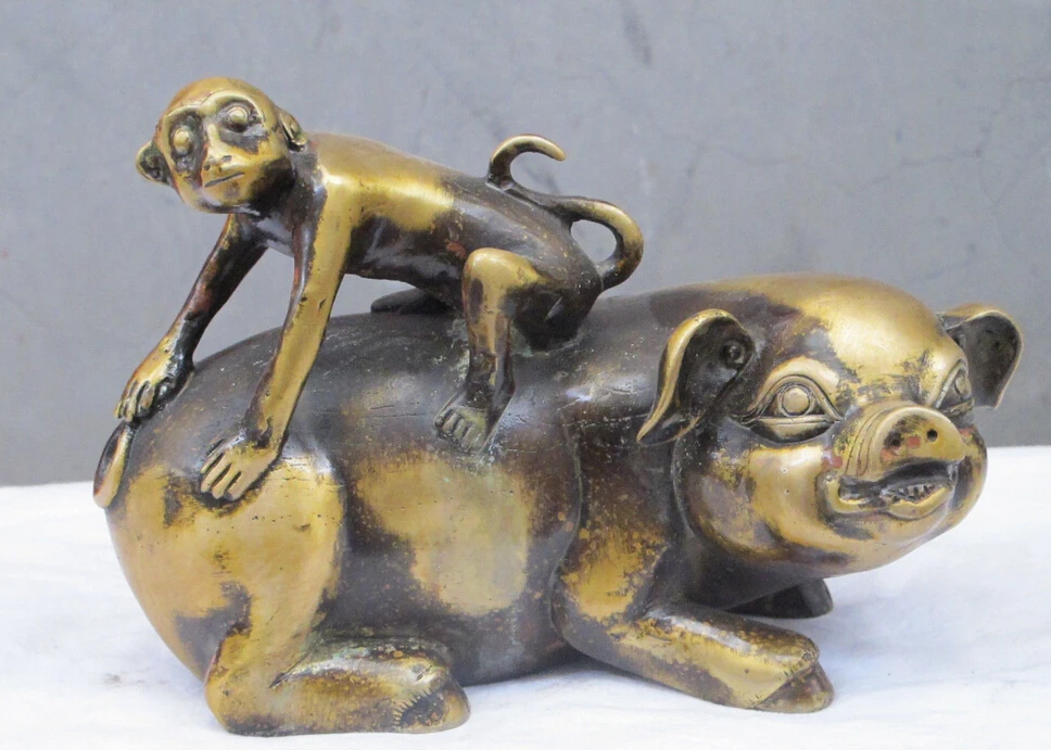 

8.5 China Feng shui Bronze gilt pig and monkey implication seigneur