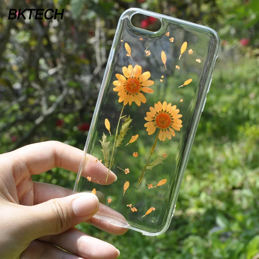 

Sunflower Pressed Dried Flower Case Handmade Transparent Pressed Silicon Back Cover For iPhone 6 6s Plus 7 7 Plus