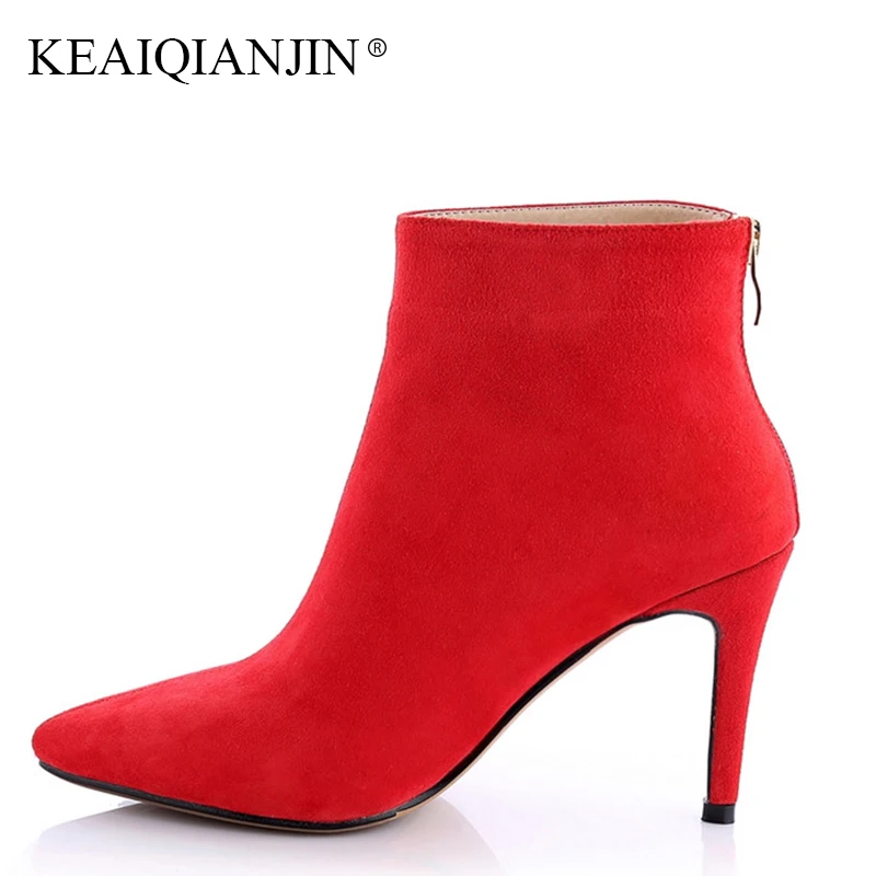 

KEAIQIANJIN Woman Autumn Winter Black High Heeled Shoes Genuine Leather Plus Size 33 40 Red Ankle Boots Sexy Zipper Martin Boots