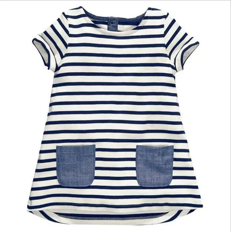 

Hot Sale 1-8 Years Girls Short Sleeve Blue Stripe Summer Dress Cotton Casual Dresses Kids Clothing