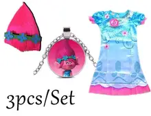 2017 NEW Party Supplies Trolls Poppy Dress + Wig Set for Kids Summer Birthday Party Cosplay Suit 3pcs Poppy Headband