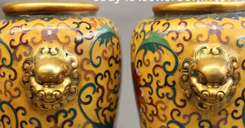 

S0784 Chinese Cloisonne Bronze Dynasty Palace Lion Head Statue Flower Pot Vase Pair