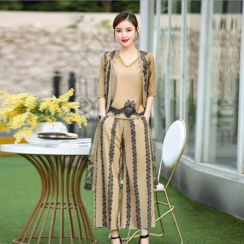 

ZXRYXGS Women's Fashion Suit New 2019 Summer Loose Print Outer Cover+vest+wide Leg Pants 3piece Suit Female Casual Women Sets