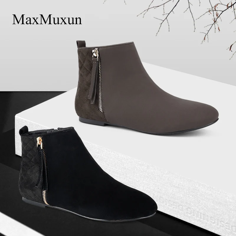 MaxMuxun/женские ботинки; классические черные ботильоны для женщин на плоской подошве; сезон весна-осень; Модные женские черные ботинки; повседневные короткие ботинки
