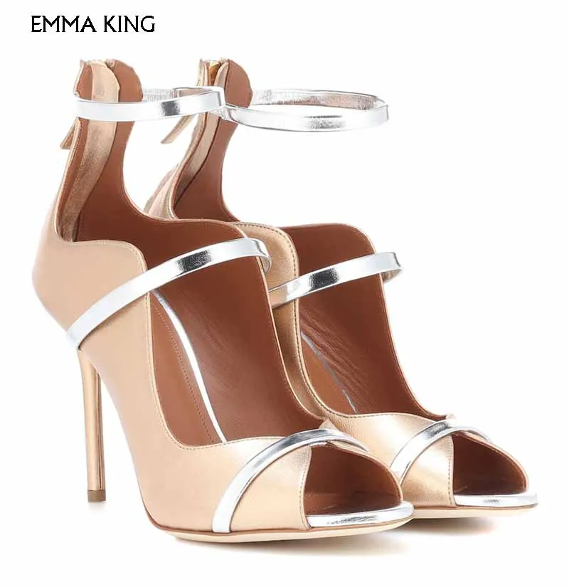 

Shimmering Leather Sandals Wavy Vamp Slender Silver-toned Straps Evening Dress Sandalias Mujer Party Shoes Woman Plus Size heels