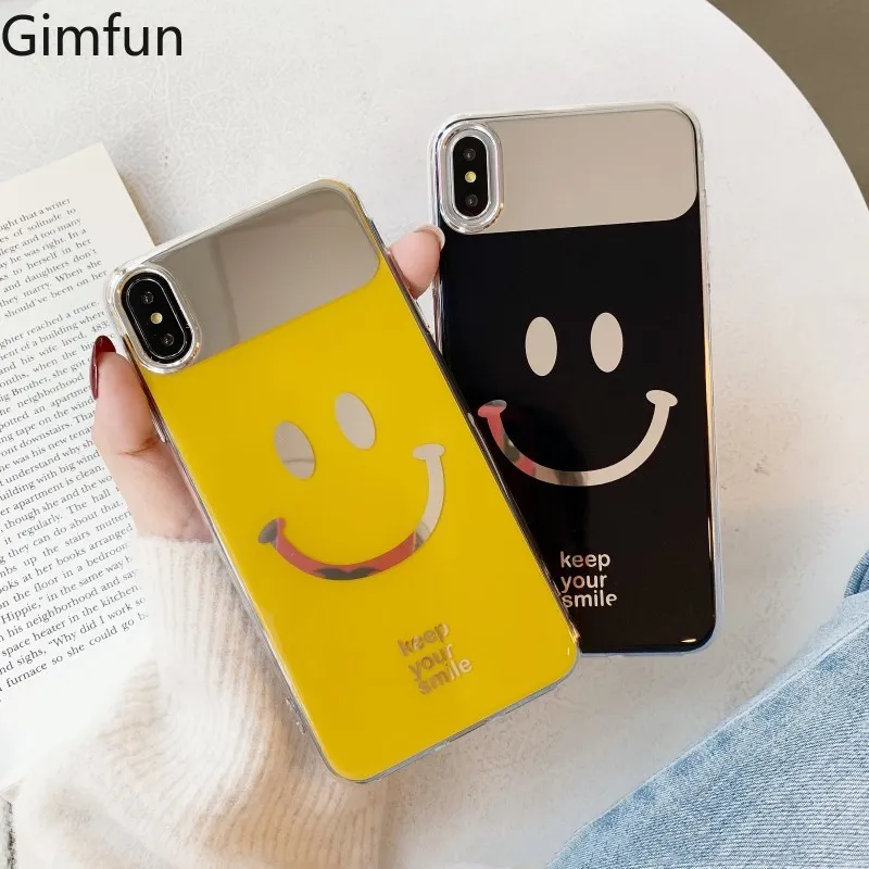 

Gimfun Funny Smile Face Phone Case for IPhone Xs X Xs Max Xr 6 7 8 Plus TPU Mirror Yellow Black Back Cover Coque