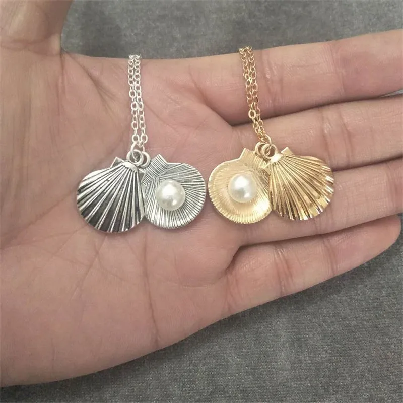 

New Design Gold Silver Color Fan Shell Pendant Necklace Open Imitation Pearl Choker Necklace Ladies Kettingen Voor Vrouwen