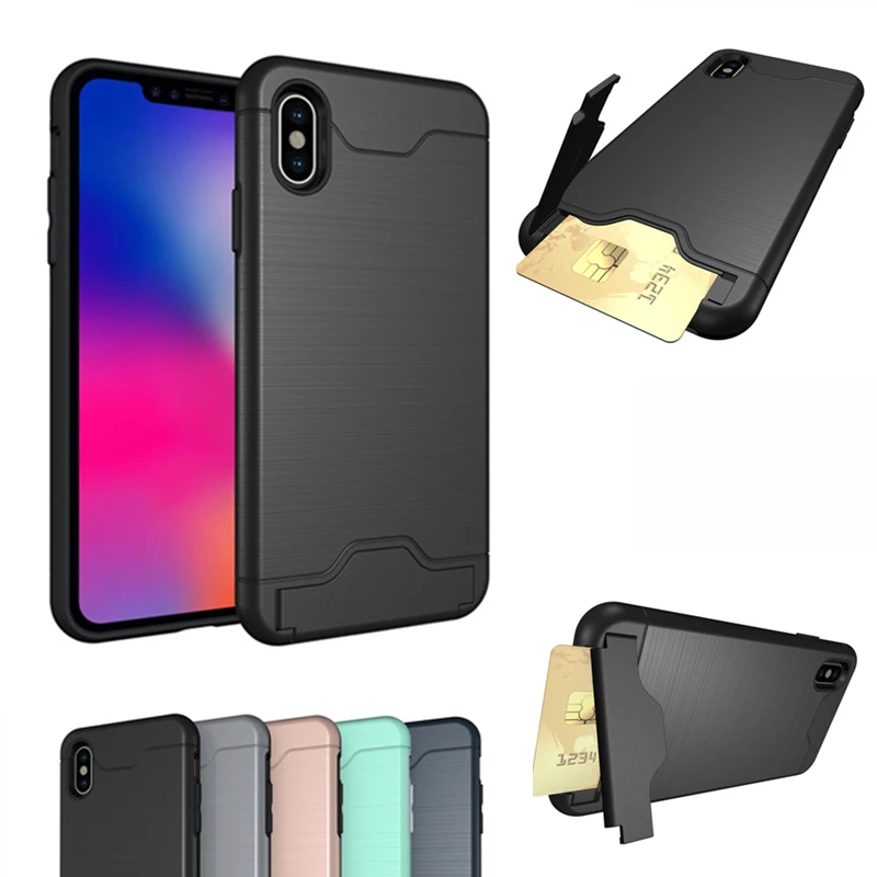 

For iphone 11 Pro XS Max XR Brushed Dual Layer Armor Silicone Shockproof Case For Iphone 8 7 X 6 6s Plus Card Slot Holder Case