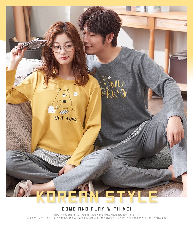 Осенний Трикотажный Хлопковый пижамный комплект с рисунком для пары с длинными рукавами и круглым вырезом, Милая Тонкая Пижама для влюбленных, большие размеры, одежда для сна