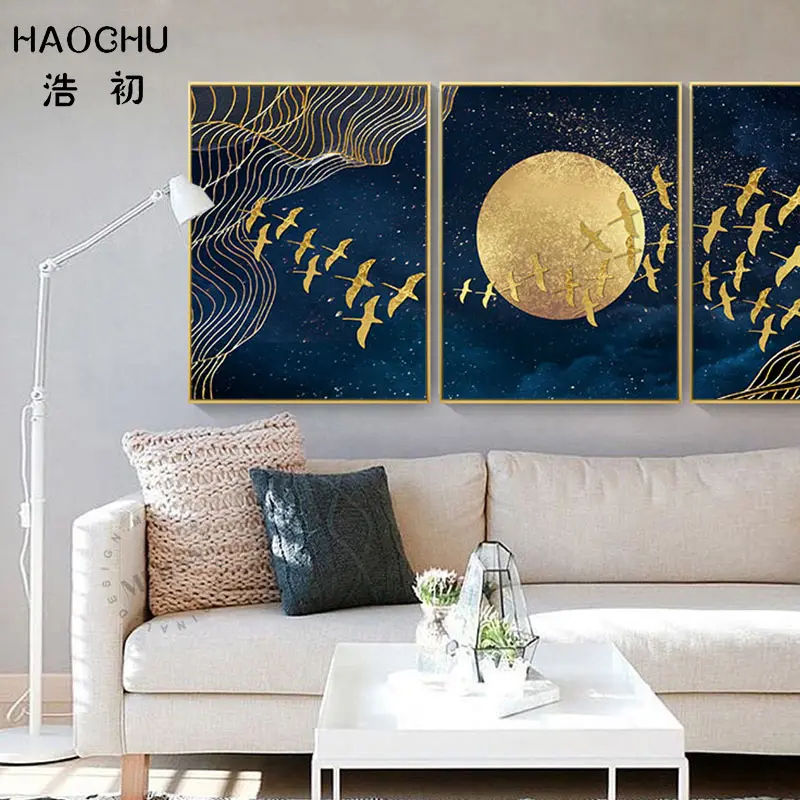Haochu New Chinese Style Golden Moon Bird Home Decor Wall Sticker Canvas Painting Abstract Auspicious Art Poster Print Picture Painting Calligraphy Aliexpress