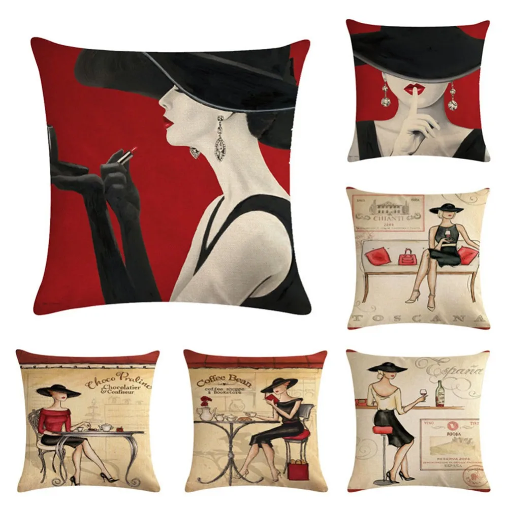 

Meijuner Cushion Cover Fashion Big Black Hat Beautiful Lady Linen Color Painting Throw Pillowcase Car Home Sofa Decoration
