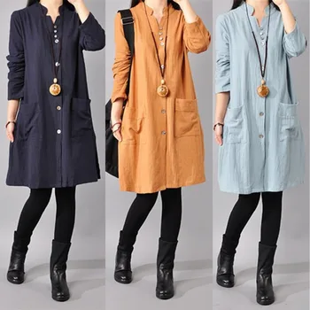

Female Spring and Summer New Korean Large Size Women's Dresses Cotton and Linen Long Sleeve Loose Dress National Style QD25