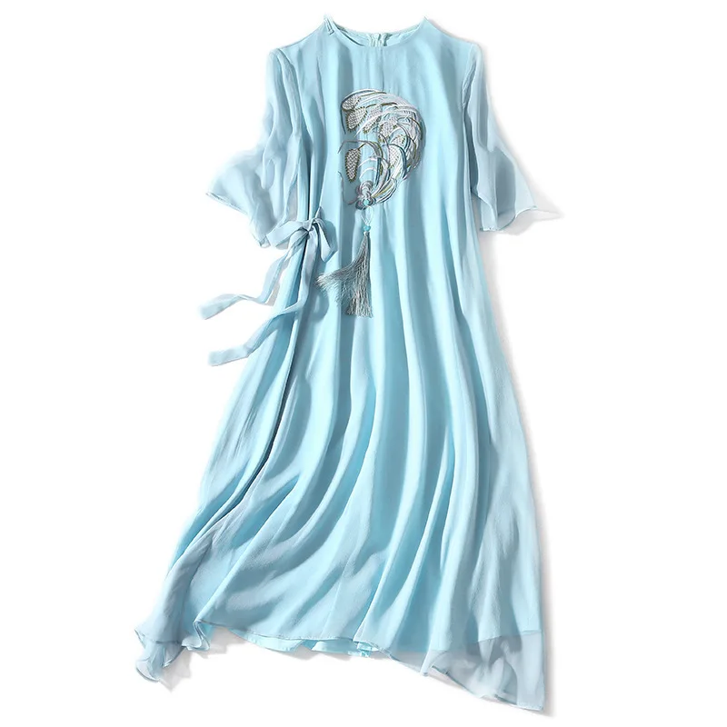 

Embroidered Silk Dress 2019 Spring Autumn Women Vintage Flowers Embroidered Fringe Half Sleeve Lace-up Silk Dress
