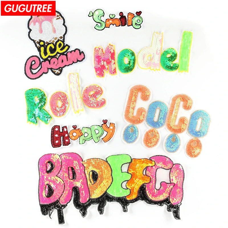 

GUGUTREE embroidery big letter patches paillette patches badge patches Applique Patch for Coat,T-Shirt,hat,bags,Sweater,backpack
