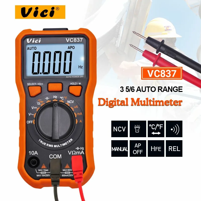 

VICI VC837 Mini Digital Multimeter 6000 counts T-RMS multimeter auto ranging temperature tester with NCV backlight data hold