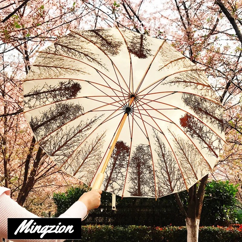

Mingzion Creative Long Handle Large Windproof Umbrella Wooden Wedding Sun Rain Straight Umbrella Manual Open Umbrella