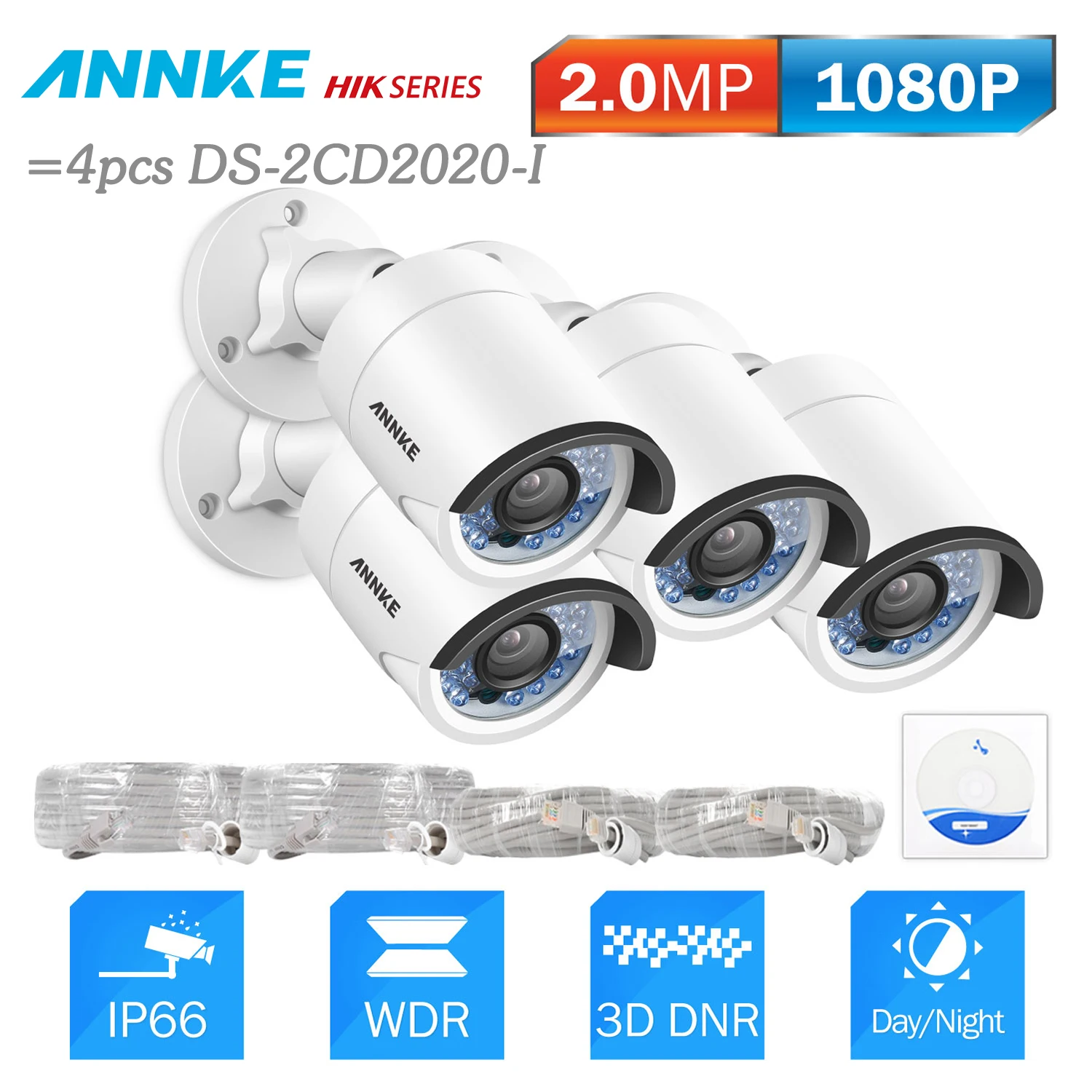 Камера видеонаблюдения ANNKE 4 шт. 2 МП HD POE IP 30 м ночное видение защита от непогоды HIK