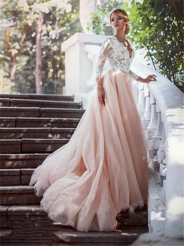 Корт бальное платье для процессии с длинными рукавами v-образным вырезом Тюль Свадебные платья Розовые Свадебные платья, платья невесты - Цвет: picture color