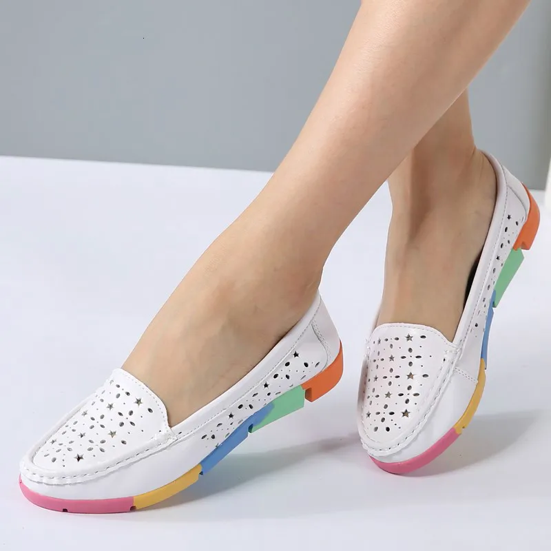 

2019 Women Casual Ballet loafers Flats Shoes Perforated Genuine Leather Slip on Cut Out Camouflage Ladies Soft ballerina Summer