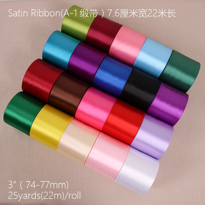 

(22 Meters/roll) 3" (75mm) Single Face Satin Ribbon 22 Meters White Beige Blue Wedding Decoration Gift Christmas Ribbons