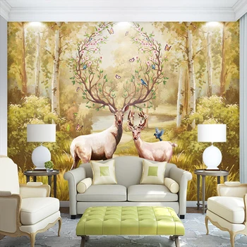 

3D Photo Wallpaper Custom Nordic Forest Oil Painting Elk Large Murals Non-woven Wallpaper For Living Room Sofa Murales De Pared
