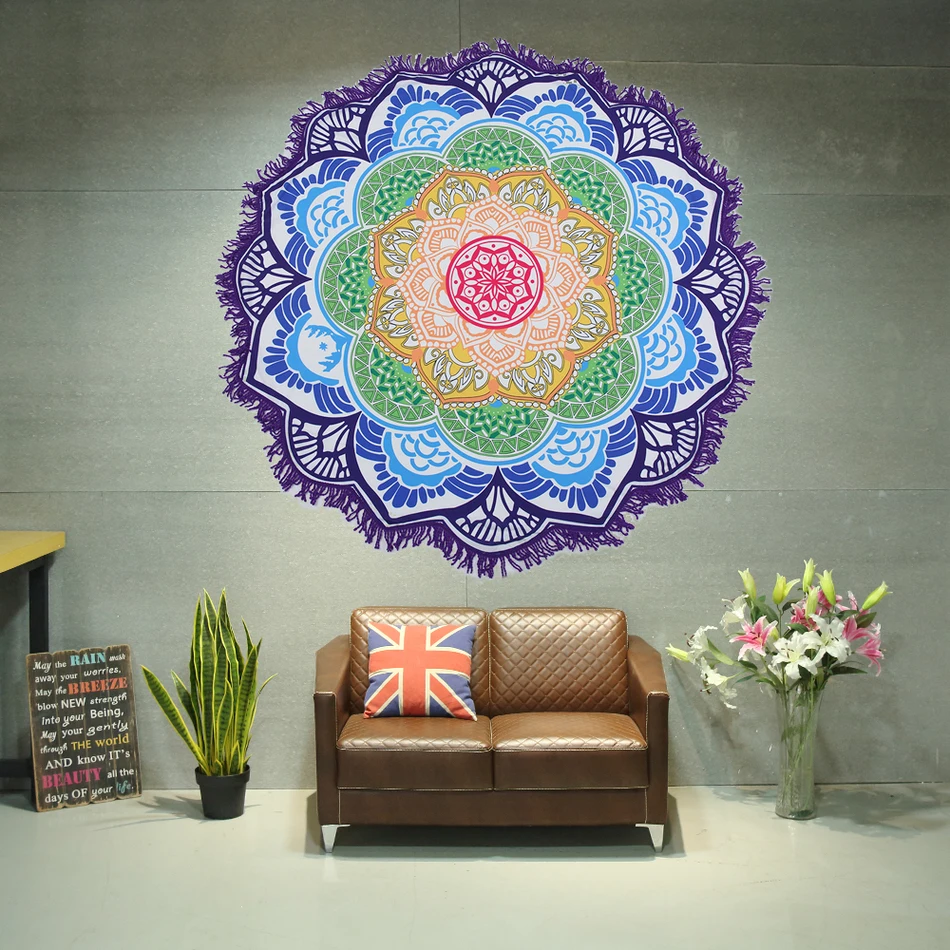 

150cm summer Indian mantra beach towel bikini cover big lotus print beach blanket round swimming pool family shower lover gift