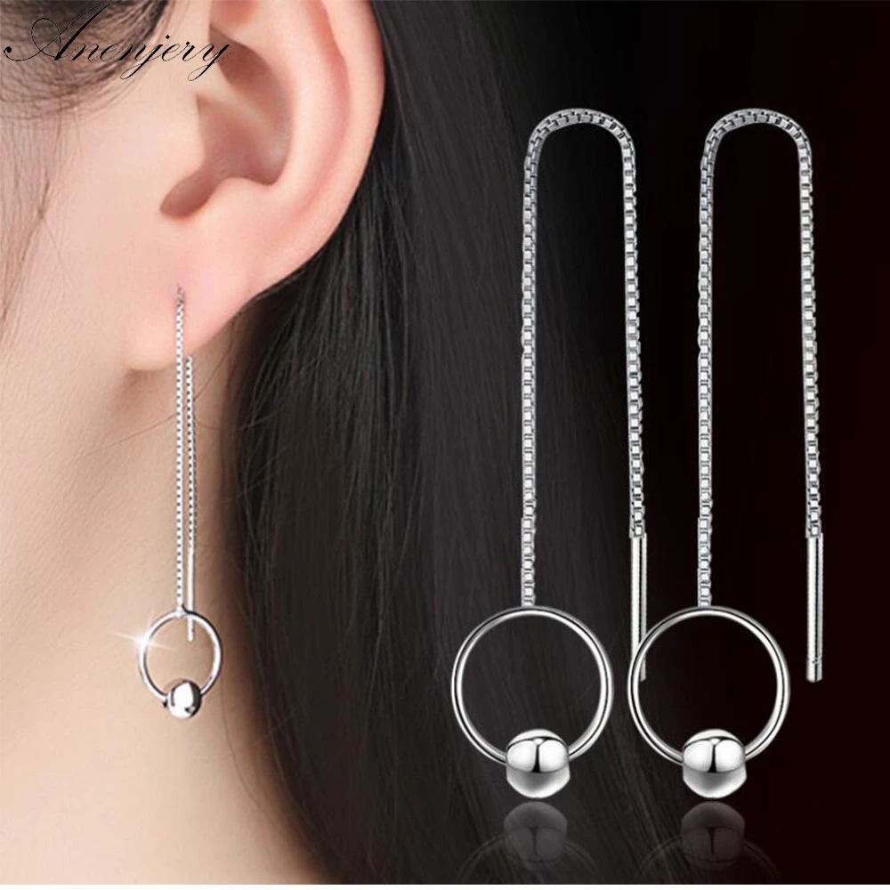 Long 925 Sterling Silver Circle Drop Earrings